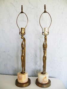 Antique Rare Art Deco Pair Of Frankart Nude Figural Woman Gold Guilt Table Lamps