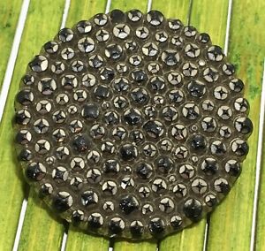 Antique Jet Black Glass Button Large Silver Luster Beaded Loop Shank 1 1 16 