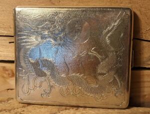 Antique Chinese Silver Export Cigarette Case Engraved Dragon Tack Loong