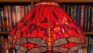Antique Tiffany Reproduction Of The Yellow Red Dragonfly Leaded Glass Lamp Shade