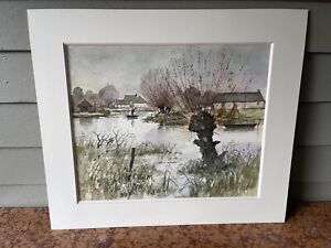Vintage Watercolor R Harot French Artist Countryside Pond Man Boat Landscape