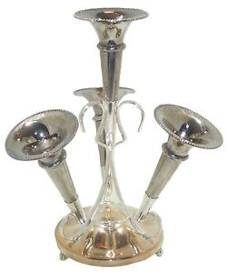 Silver Plated Four Arm Trumpet Epergne Centerpiece Circular Base 3 Ball Feet