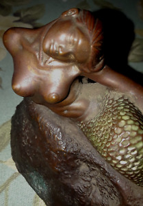 Antq Solid Bronze Signed Sculpture Ornate Mermaid Nude Figural Lost Wax Method