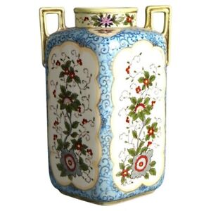 Antique Nippon Floral Hand Painted Porcelain Double Handled Vase C1920