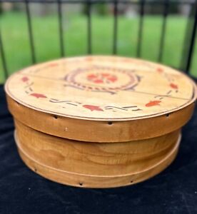 Vintage Handpainted Folk Art Tulips Wood Cheese Wheel Box 15 Round Crate Signed