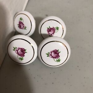 Vintage Lot Of 4 Floral Porcelain Cabinet Door Knobs Pulls Roses