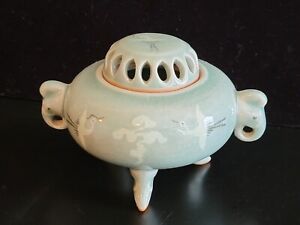 Elephant Handle Incense Burner East Asian Celadon Ceramics With Crackle Glaze