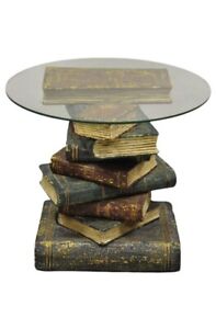 Vintage Figural Faux Book Form Stacked Round Glass Top Side Table