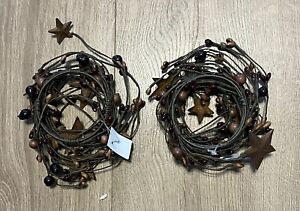 Primative Pip Berry Taper Candle Rings Set 2 With Stars Country Home Decor New