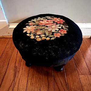 Antique Victorian Embroidered Footstool Black Pink Tan Flowers 6 5 H X 11 Di 