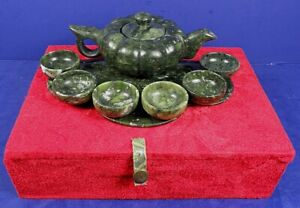 Small Vintage Chinese Carved Spinach Green Hardstone Tea Service