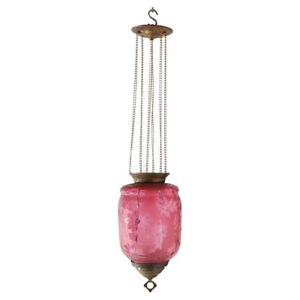 Antique Victorian Cut To Clear Cranberry Glass Brass Hanging Hall Light C1880