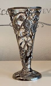 Vintage Art Nouveau Silver Plated Ornate Floral Victorian Trumpet Vase 1950 S