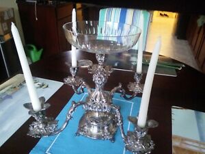 Vintage Reed Barton Epergne Candelabra Silver Plated With Center Crystal Bowl