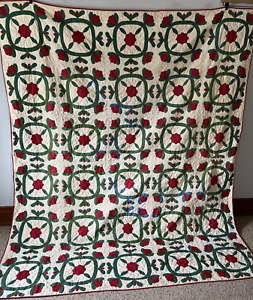 Antique 1870s Applique Floral Hand Stitched Quilt Red Green Hand Stitched