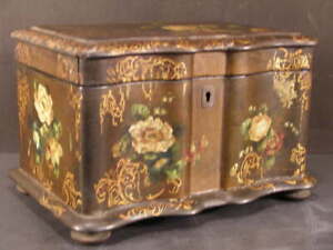 Wow 19 C Papier Mache Hand Painted Lacquer Tea Caddy Box Carved Mop Flower Chest