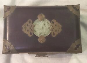 1930 Era Chinese Carved Wooden Box With Jade Inlay And Brass Trim