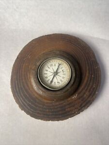 Antique Compass Set In Wood Tree Cross Section