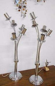 Mid Century Sonneman Arteluce Tall Pair Chrome 5 Light Italian Lamps Starburst