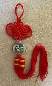 Chinese Reverse Hand Painted Glass Bottle Lucky Knot Red Tassel Pendant