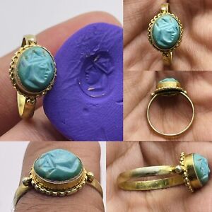 Beautiful Ancient Roman Gold Ring With Tourquies Intaglio King Face Depicted