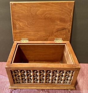 Antique Stick Ball Wooden Treasure Chest Jewelry Document Box Hinged Lid