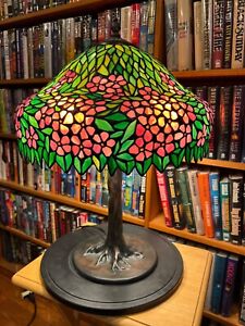 Antique Tiffany Reproduction Cherry Apple Leaded Glass Lamp On Tree Trunk Base