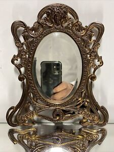 Vtg 20th Rare Gold Gilt Art Nouveau Cast Iron Table Mirror Vanity Picture Frame