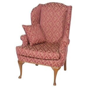 Queen Anne Mahogany Fireside Upholstered Wingback Chair 20th Century