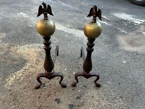 Victorian Brass Pair Eagle Fireplace Andirons