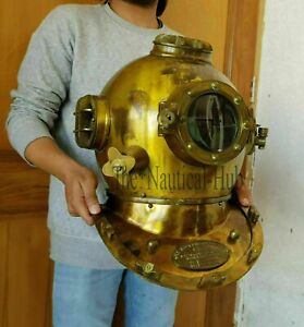 Vintage 18 Diving Helmet Uk Navy Mark V Brass Antique Divers Helmet W Wood Base
