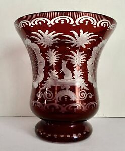 Beautiful Antique Engraved Bohemian Ruby Flashed Glass Vase Czech 1900s