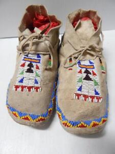 1930s Assiniboine Sioux Indian Beaded Hard Sole Moccasins Never Worn
