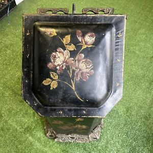 Large Antique Hand Painted Victorian Tole Iron Coal Scuttle Fireplace Bin Box
