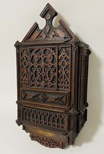 Antique Victorian Tramp Art Wall Cabinet Cupboard Box Chip Carved Wood 1863
