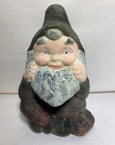 Vintage Garden Concrete Gnome Statue Painted Cement 8 H Weathered
