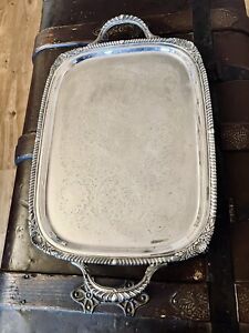 Large Vintage Silver Plate Butlers Serving Tray Footed Handled Ornate