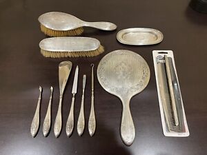 11 Piece Sterling Silver Vanity Set By Birks Nouveau Floral Mirror Brushes Tray