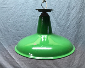 Antique Green Gas Station Porcelain Pan Style Light Fixture 14 Old Vtg 56 24