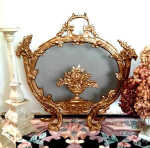 Antique Rococo Ornate Floral Cast Brass Fireplace Screen Louis Xv Beautiful