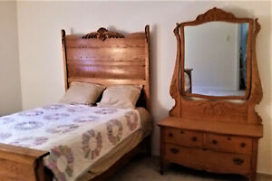 Oak Bedroom Set Antique Dresser Vanity Huge Mirror Full Bed 1890s