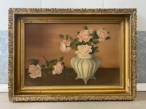 Fine Antique Old 19th C American Folk Art Floral Still Life Oil Painting