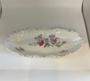 Antique Dresden Crown Germany Floral Dish 9 Oblong Oval Gold Trim Scalloped