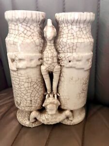 Antique Chinese Ge Yao Crackle Glaze Double Cylinder Vase Dragon Sculpture 8 