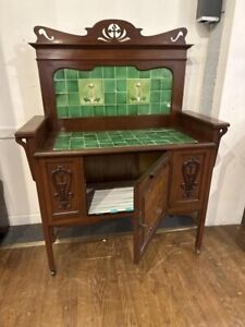 Antique Victorian Mahogony Commode Washstand Porcelain Tiles Circa 1880