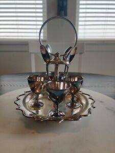 Vintage Silver Plated 4 Egg Cup Cruet Serving Set With Spoons Artist Signed