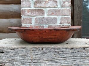 Antique Primitive Red Paint Carved Wood Trencher Wooden Dough Chopping Bowl