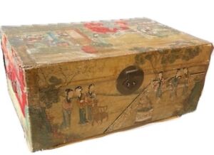 Antique Chinese Hand Painted Pig Skin Leather Trunk