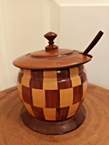 Unique Antique Wooden Plaid Checker Pattern Sugar Bowl Container With Lid 