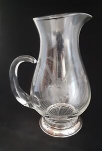 Sterling Silver Foot Etched Floral Glass Water Tea Lemonade Pitcher 10 50 